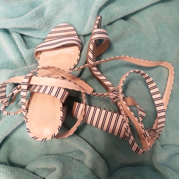 White & Blue-Stripped, Strappy Heels - Picture 2 of 2